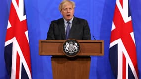 Le Premier ministre britannique Boris Johnson lors d'une conférence de presse, le 14 juin 2021 à Londres
