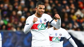 Cher Ndour célèbre un but avec le PSG contre l'US Revel en Coupe de France, le 7 janvier 2024
