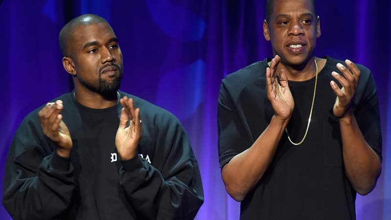 Les rappeurs Kanye West et Jay Z, lors du lancement de Tidal, en mars 2015.