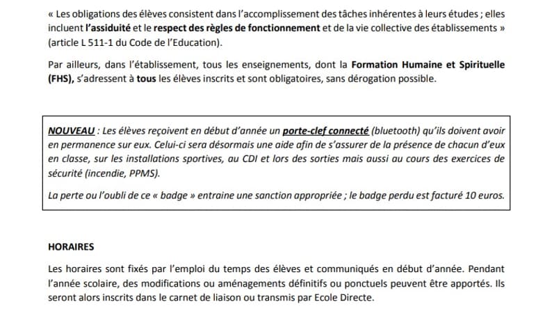 Extrait du futur règlement intérieur du collège-lycée Rocroy Saint-Vincent de Paul