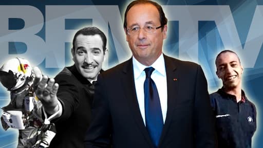 De gauche à droite, Felix Baumgartner, Jean Dujardin, François Hollande, Mohamed Merah