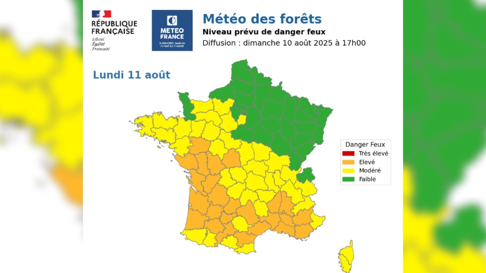 25 départements du Maine-et-Loire près de la Bretagne, en passant par les Landes et le Var, placés en vigilance orage pour risques de feux de forêt le 11 août 2025.