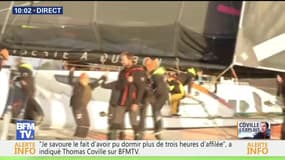 La joie et l'émotion de Thomas Coville en arrivant à Brest