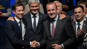 François-Xavier Bellamy, Laurent Wauquiez et Manfred Weber, président du groupe PPE au Parlement européen, le 26 avril 2019 à Strasbourg