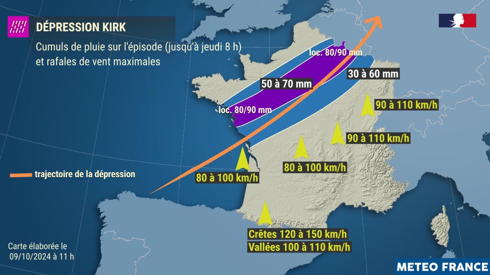 Dépression Kirk : la carte de Météo France à 11h le 9 octobre