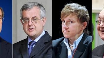 Un montage photo du 3 juin 2015 réunissant des anciens secrétaires généraux de l'Elysée sous Nicolas Sarkozy, Claude Guéant (G) et Xavier Musca, l'ex-directrice de cabinet, Emmanuelle Mignon (C) et le conseiller elyséen Jean-Michel Gouda...