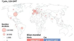 Nombre de morts liés au coronavirus officiellement annoncés par pays, au 7 juin à 11h GMT