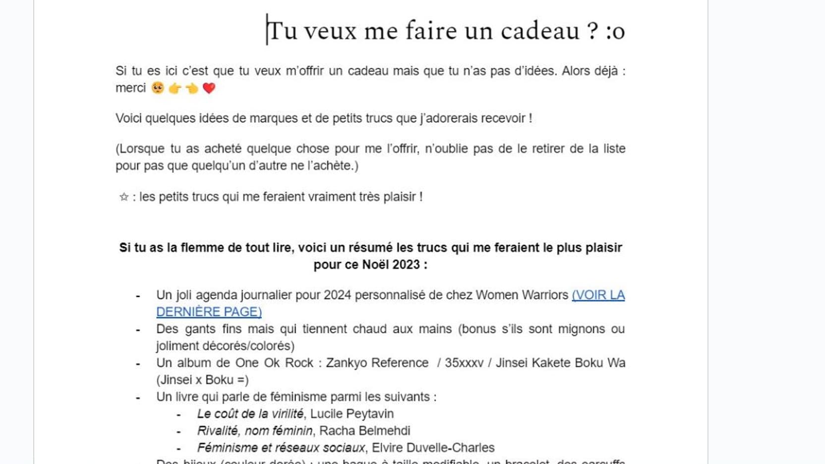 Un exemple de la wishlist réalisée par Angélina sur un document partagé à ses proches en ligne à l'approche de Noël. Un exemple de la wishlist réalisée par Angélina sur un document partagé à ses proches en ligne à l'approche de Noël.