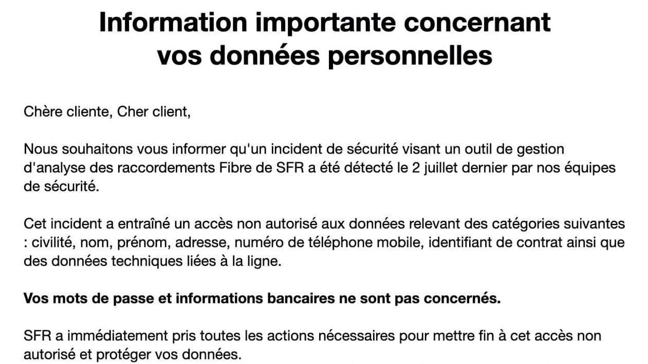Le courrier de SFR a ses clients concernés par une fuite de données en juillet 2026 Le courrier de SFR a ses clients concernés par une fuite de données en juillet 2026