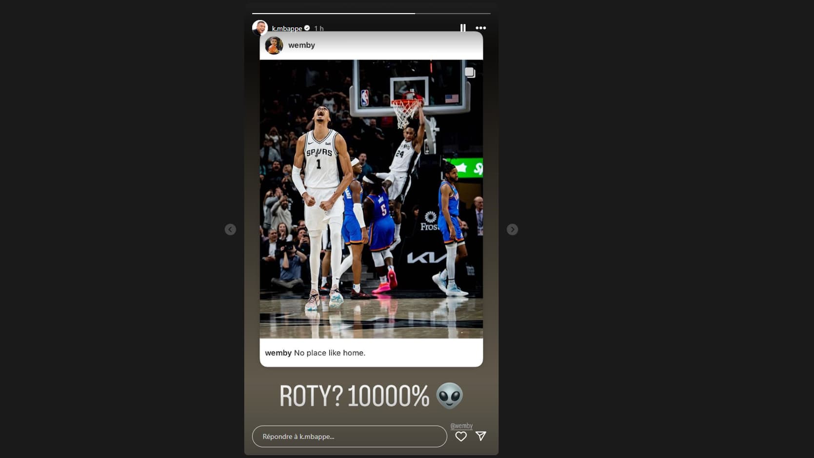 La story Instagram de Kylian Mbappé qui consacre Victor Wembanyama comme rookie de l'année "à 10.000%", le 1er mars 2024