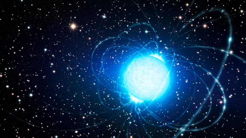 Ce document photo publié le 13 mai 2014 par l'Observatoire européen austral montre une impression d'artiste du magnétar dans le très riche et jeune amas d'étoiles Westerlund 1. 