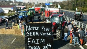 Des agriculteurs bloquent l'autoroute A63 près de Bayonne, le 23 janvier 2024 en Pyrénées-Atlantiques