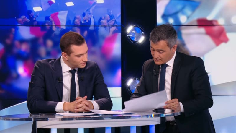 Gérald Darmanin et Jordan Bardella lors d'un débat sur BFMTV le 13 avril 2022