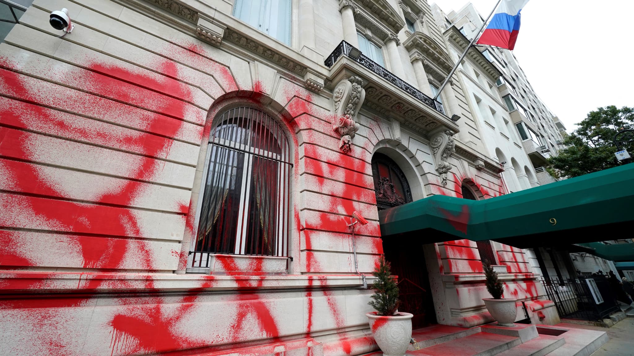 The facade of the Russian consulate in New York was vandalized with red paint