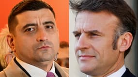 Le candidat nationaliste roumain George Simion et Emmanuel Macron (montage), clichés datés du 1er décembre 2024 et du 27 mars 2025