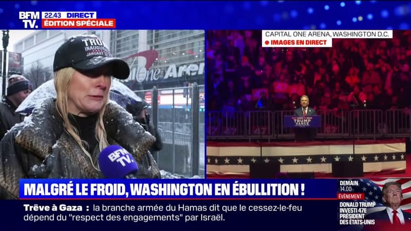 Cette Américaine brave le froid pour tenter de rentrer dans la Capital One Arena pour assister au dernier meeting de Donald Trump