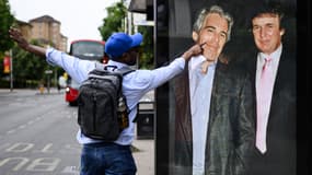 Un homme montre une photo du président américain Donald Trump et du pédocriminel Jeffrey Epstein après son installation officieuse dans un abribus le 17 juillet 2025 à Londres, en Angleterre.