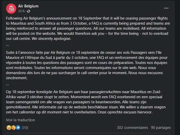 Communiqué de Air Belgium sur Facebook