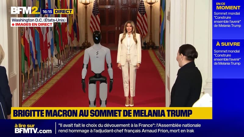 Melania Trump arrive au Sommet mondial "Construire ensemble l'avenir" à la Maison Blanche, accompagné d'un robot sous les yeux de Brigitte Macron