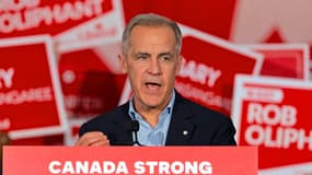 Le Premier ministre du Canada, Mark Carney, prend la parole lors d'un rassemblement de campagne au Metropolitan Centre à Toronto, en Ontario, le 4 avril 2025.