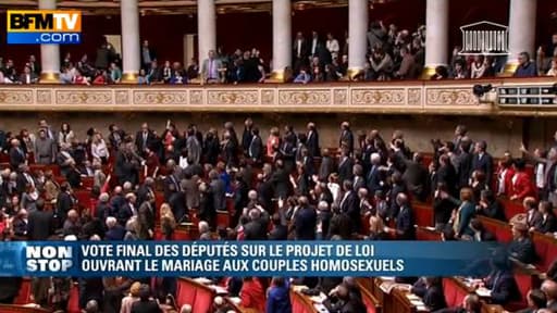 Une dizaine d'opposants au Mariage pour tous avaient pris place dans les tribunes du public lors du vote définitif du projet de loi. Deux d'entre eux ont tenté de déployer une banderole blanche réclamant un référendum, avant d'être énergiquement évacués p