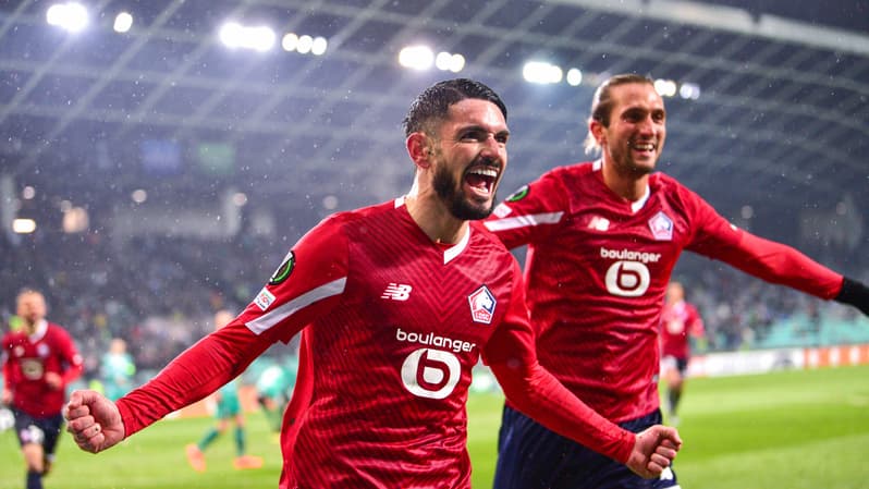 La joie du buteur lillois Rémy Cabella face à l'Olimpia Ljubljana