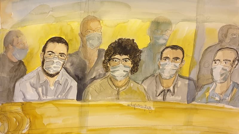 Ayoub El Khazzani, Mohamed Bakkali, Bilal Chatra et Redouane El Amrani Ezzerrifi au procès de l'attaque du Thalys, le 16 novembre 2020 à Paris.