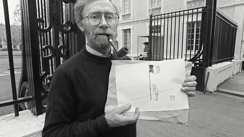 Le dessinateur et journaliste Piem le 21 novembre 1981 à Tours, où il présente ses illustrations destinées à être éditées dans un manuel militaire, à la demande du ministre de la Défense Charles Hernu.