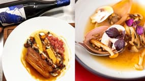 Certains plats du Cochon Qui Boit (à gauche) et du Siprès (à droite), deux restaurants lyonnais distingués le 26 février 2024 aux Bib Gourmand du Guide Michelin.
