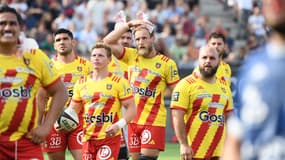 L'équipe de Perpignan lors de son barrage pour assurer son maintien en Top 14, 14 juin 2025