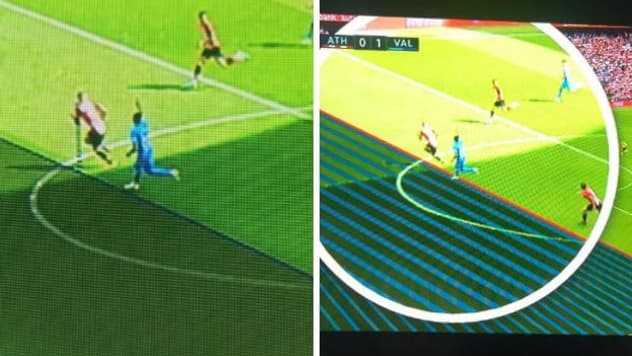 A gauche, l'image officielle du VAR, à droite celle diffusée par Mediapro A gauche, l'image officielle du VAR, à droite celle diffusée par Mediapro