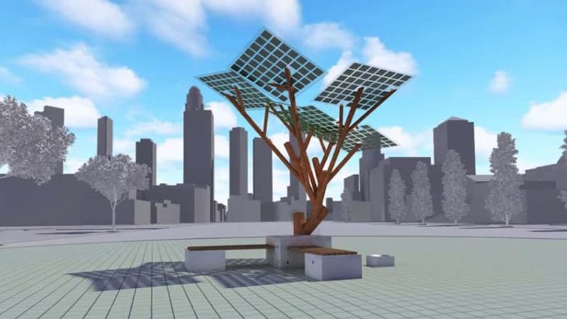 A l'aide de ses 7 panneaux photovoltaïques, e-Tree fournit de l'électricité propre.  