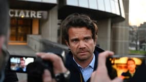 Jean Guillaume Le Mintier, avocat de Jérôme G, le mari de Magali Blandin, lors d'une conférence de presse devant le palais de justice de Rennes le 20 mars 2021
