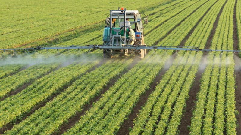 Image d'illustration d'un tracteur épandant des pesticides