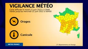 La vigilance publiée par Météo France le 22 juin 2022 à la mi-journée