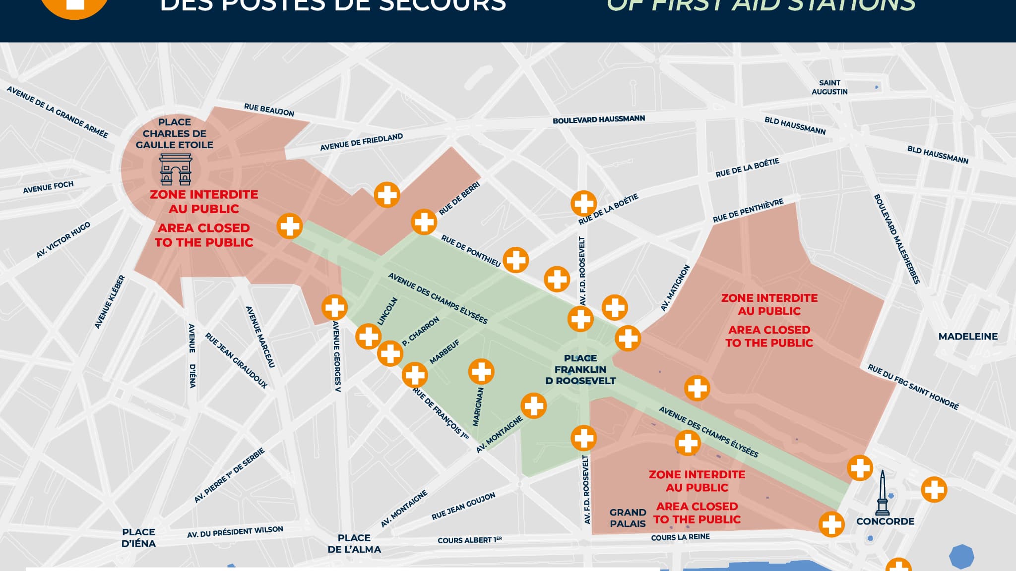 Plan de la localisation des postes de secours pour le réveillon de la Saint-Sylvestre ce mercredi 31 décembre