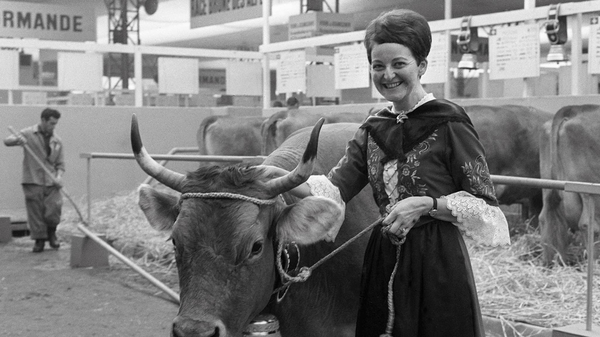 Une fermière suisse présente son bovin, le 2 mars 1968 lors du Salon international de l'agriculture.