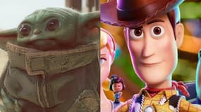 Baby Yoda dans la série The Mandalorian et Woody dans le film Toy Story 4.