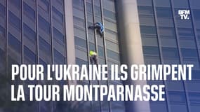  Deux grimpeurs escaladent la tour Montparnasse en soutien au peuple ukrainien 