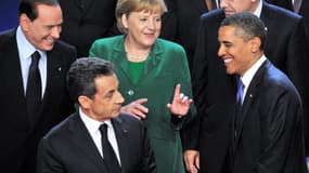 Silvio Berlusconi, Anegla Merkel, Barack Obama et Nicolas Sarkozy en 2001 lors du G20