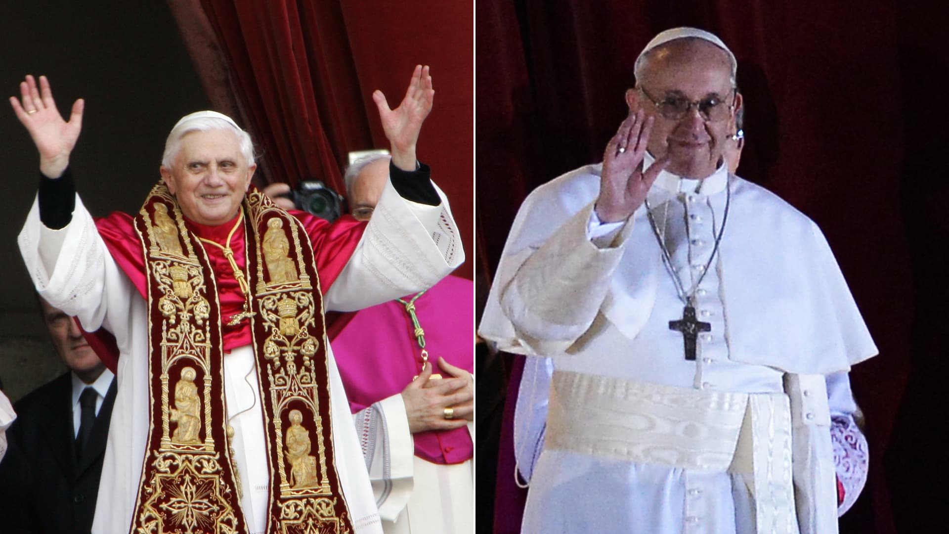 Benoît XVI en 2005 et François en 2013, lors de leurs élections, au balcon de la basilique Saint-Pierre. Benoît XVI en 2005 et François en 2013, lors de leurs élections, au balcon de la basilique Saint-Pierre.