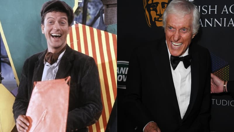 Dick Van Dyke sur le tournage de "Mary Poppins" (à gauche) et aux British Academy Britannia Awards (à droite)