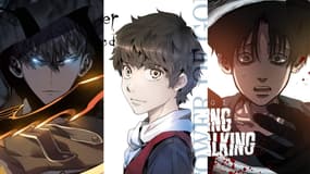 Couvertures de webtoons "Solo Leveling", "Tower of God" et "Killing Stalking"