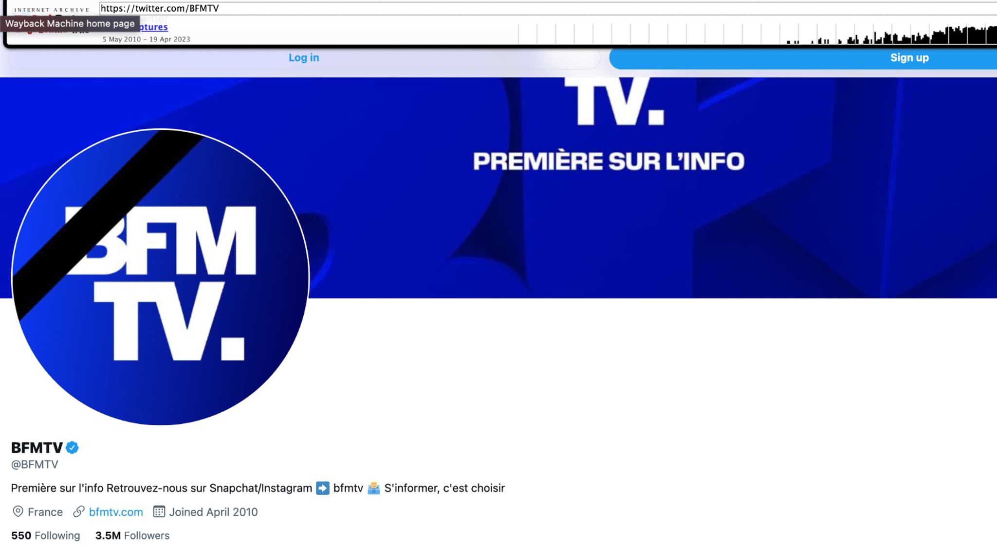 Capture d'écran Wayback Machine, qui permet d'afficher un compte Twitter à une date antérieure