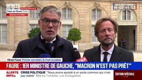 Fin de la réunion à l'Élysée: pour Olivier Faure (PS), à l'heure actuelle, il "n'y a aucune garantie de non-censure" de la part du PS