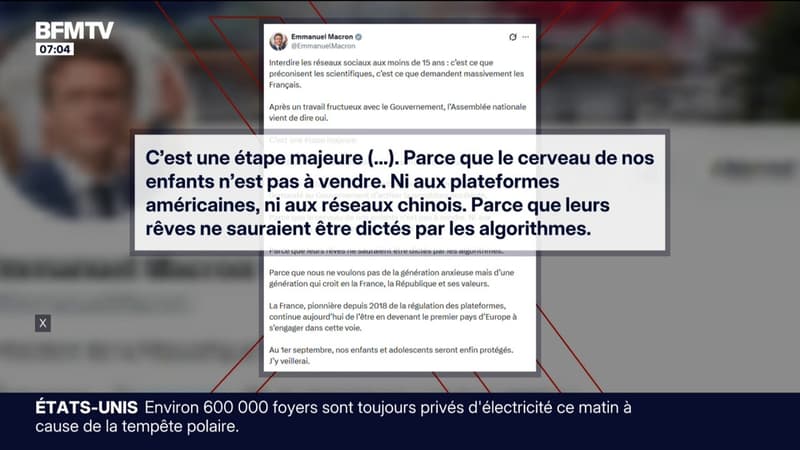 Interdiction des réseaux sociaux: Emmanuel Macron souligne "une étape majeure" après l'adoption du texte par l'Assemblée