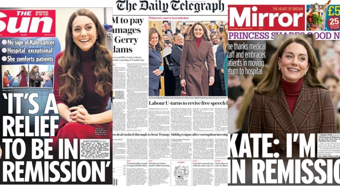 Les unes de la presse britannique le 15 janvier 2025, sur la rémission de Kate. Les unes de la presse britannique le 15 janvier 2025, sur la rémission de Kate.