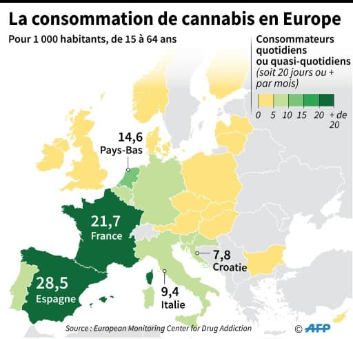 La consommation de cannabis en Europe, selon l'Observatoire européen des drogues et des toxicomanies La consommation de cannabis en Europe, selon l'Observatoire européen des drogues et des toxicomanies