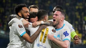 La joie des Marseillais après la qualification pour les quarts de finale de la Ligue Europa contre Villarreal, le 14 mars 2024