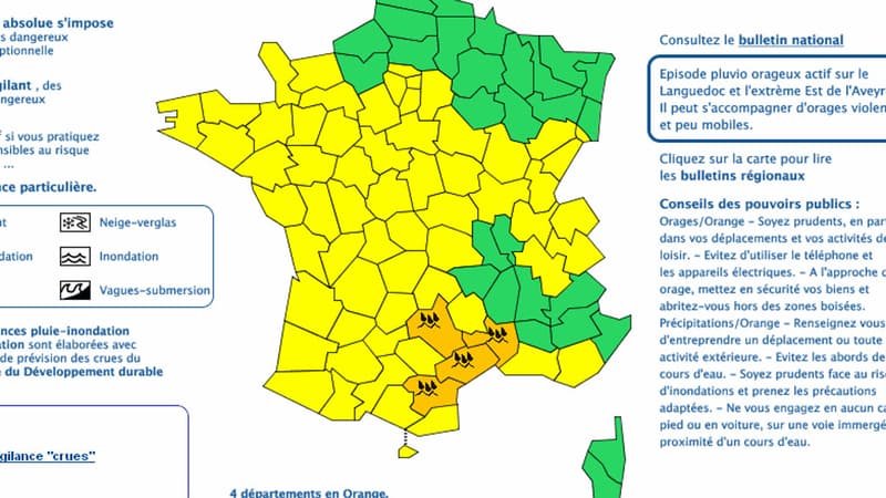 La carte de vigilance orange pour pluies orageuses de Météo France, bulletin de 6h10.